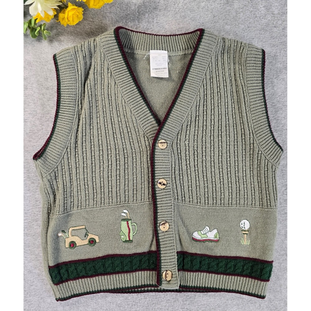 Vintage Golf Sweater Vest Toddler 4T Green Preppy Embroidered Sports Knit Y2K